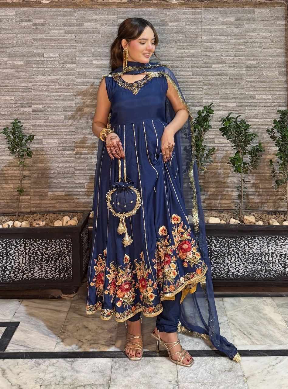 Anayra Amal - Justajoo Dull Silk Embroidered Suit For Women - Royal Blue - 3 Piece