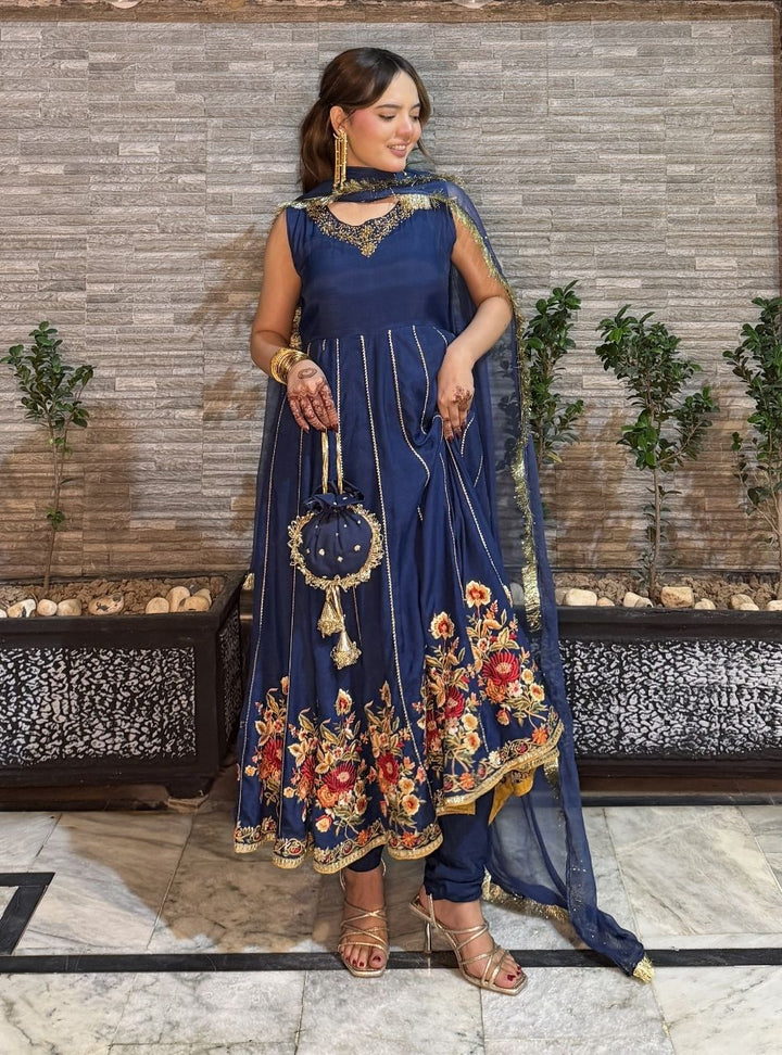 Anayra Amal - Justajoo Dull Silk Embroidered Suit For Women - Royal Blue - 3 Piece