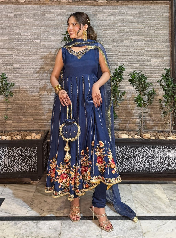 Anayra Amal - Justajoo Dull Silk Embroidered Suit For Women - Royal Blue - 3 Piece