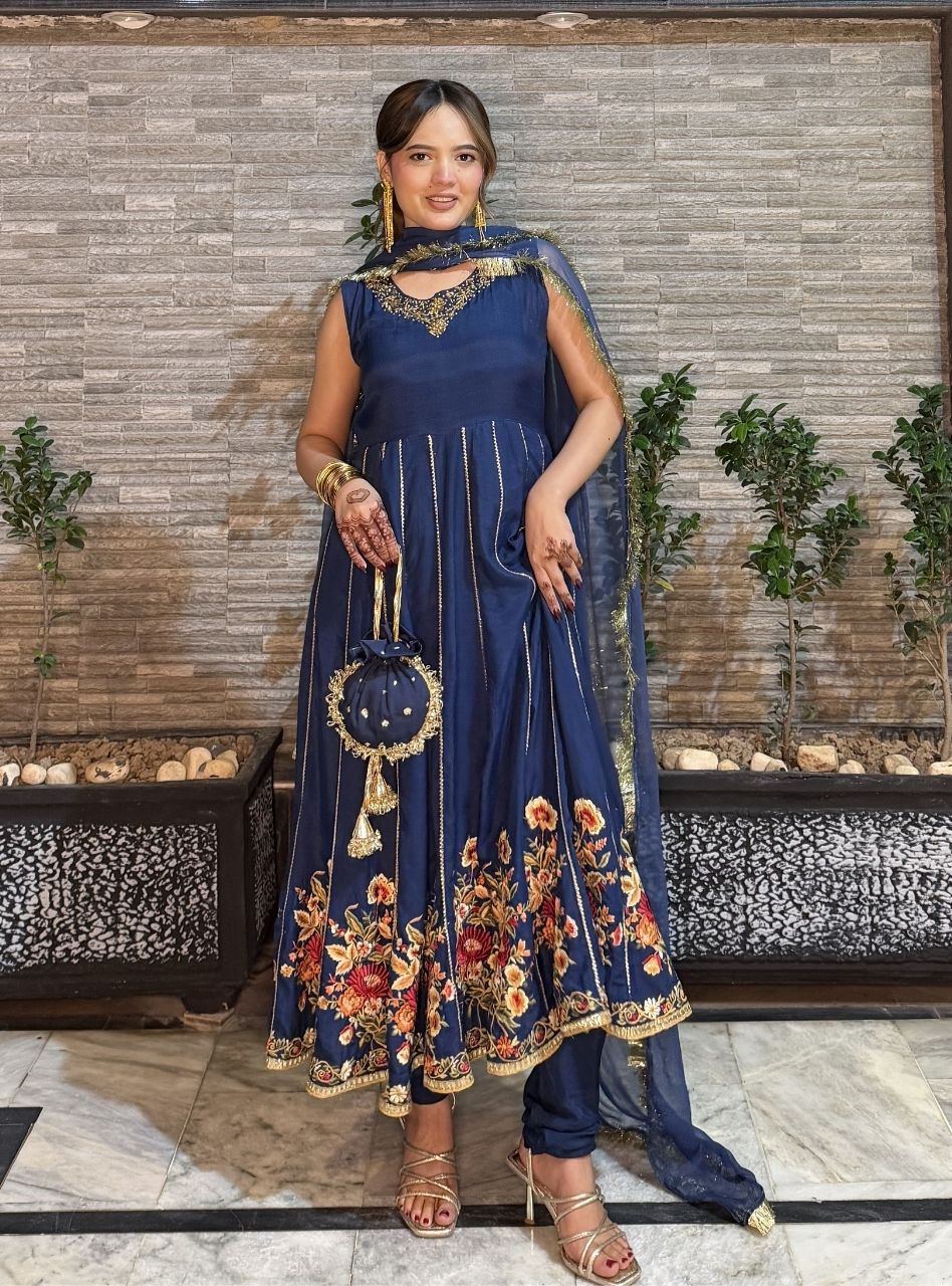 Anayra Amal - Justajoo Dull Silk Embroidered Suit For Women - Royal Blue - 3 Piece