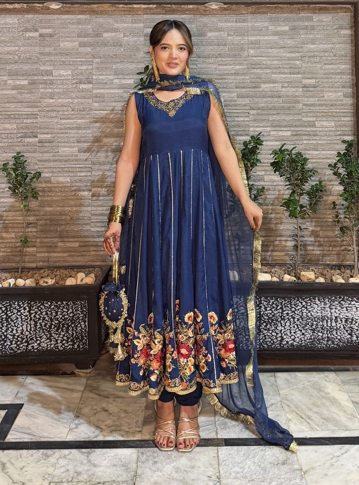 Anayra Amal - Justajoo Dull Silk Embroidered Suit For Women - Royal Blue - 3 Piece