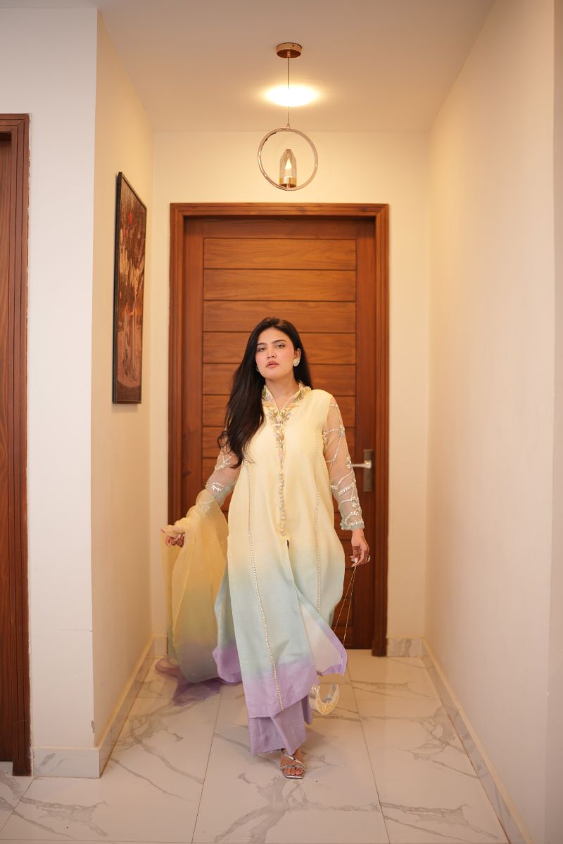 Anayra Amal - Korean Silk Celeste Haze Hand Worked Suit For Women - Butter Yellow - 3 Piece
