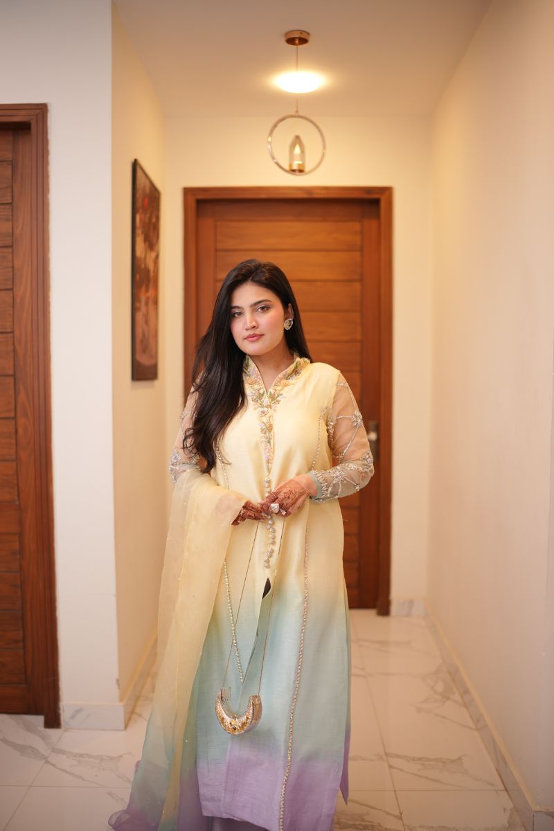 Anayra Amal - Korean Silk Celeste Haze Hand Worked Suit For Women - Butter Yellow - 3 Piece