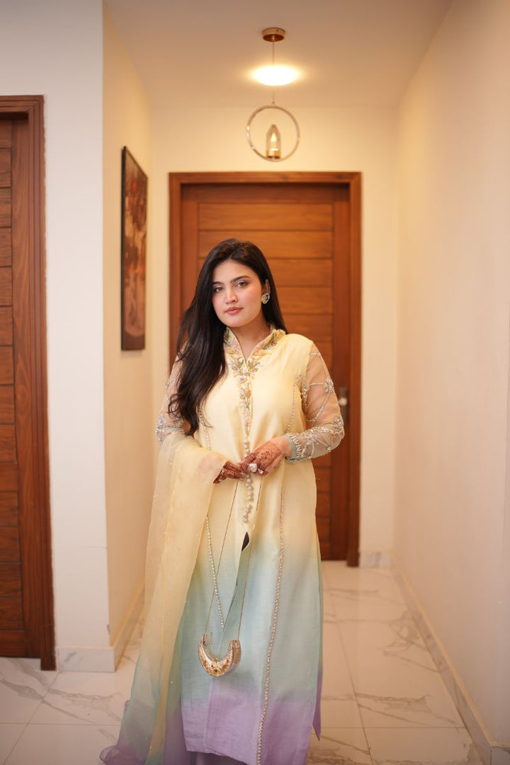 Anayra Amal - Korean Silk Celeste Haze Hand Worked Suit For Women - Butter Yellow - 3 Piece