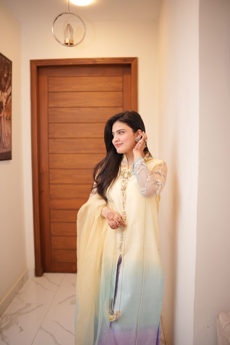 Anayra Amal - Korean Silk Celeste Haze Hand Worked Suit For Women - Butter Yellow - 3 Piece
