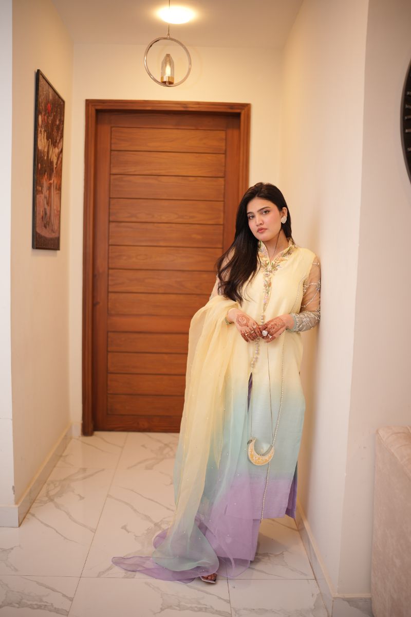 Anayra Amal - Korean Silk Celeste Haze Hand Worked Suit For Women - Butter Yellow - 3 Piece