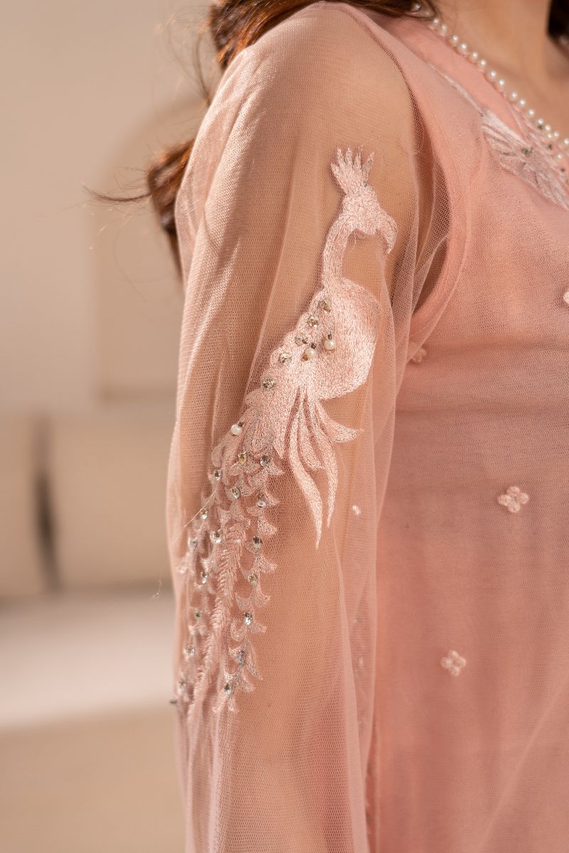 Anayra Amal - Net Panchi Embroidered Suit For Women - Powder Pink - 3 Piece