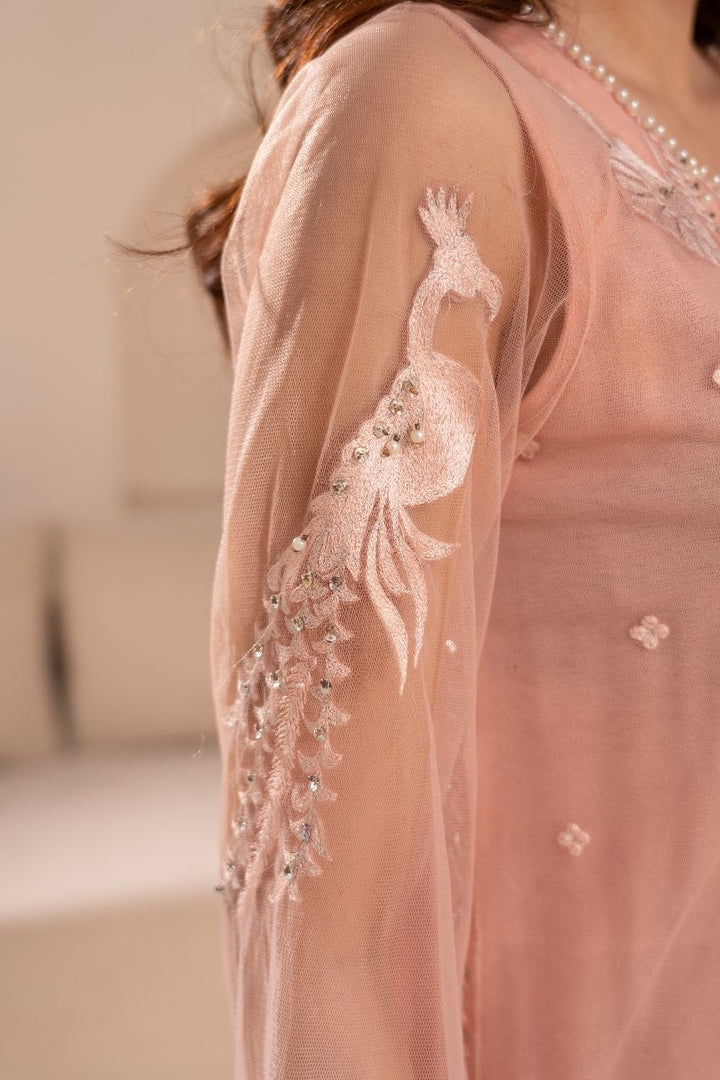 Anayra Amal - Net Panchi Embroidered Suit For Women - Powder Pink - 3 Piece