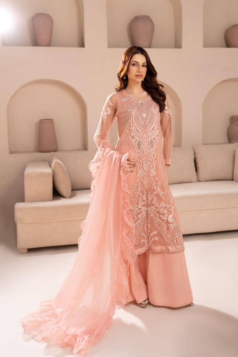 Anayra Amal - Net Panchi Embroidered Suit For Women - Powder Pink - 3 Piece
