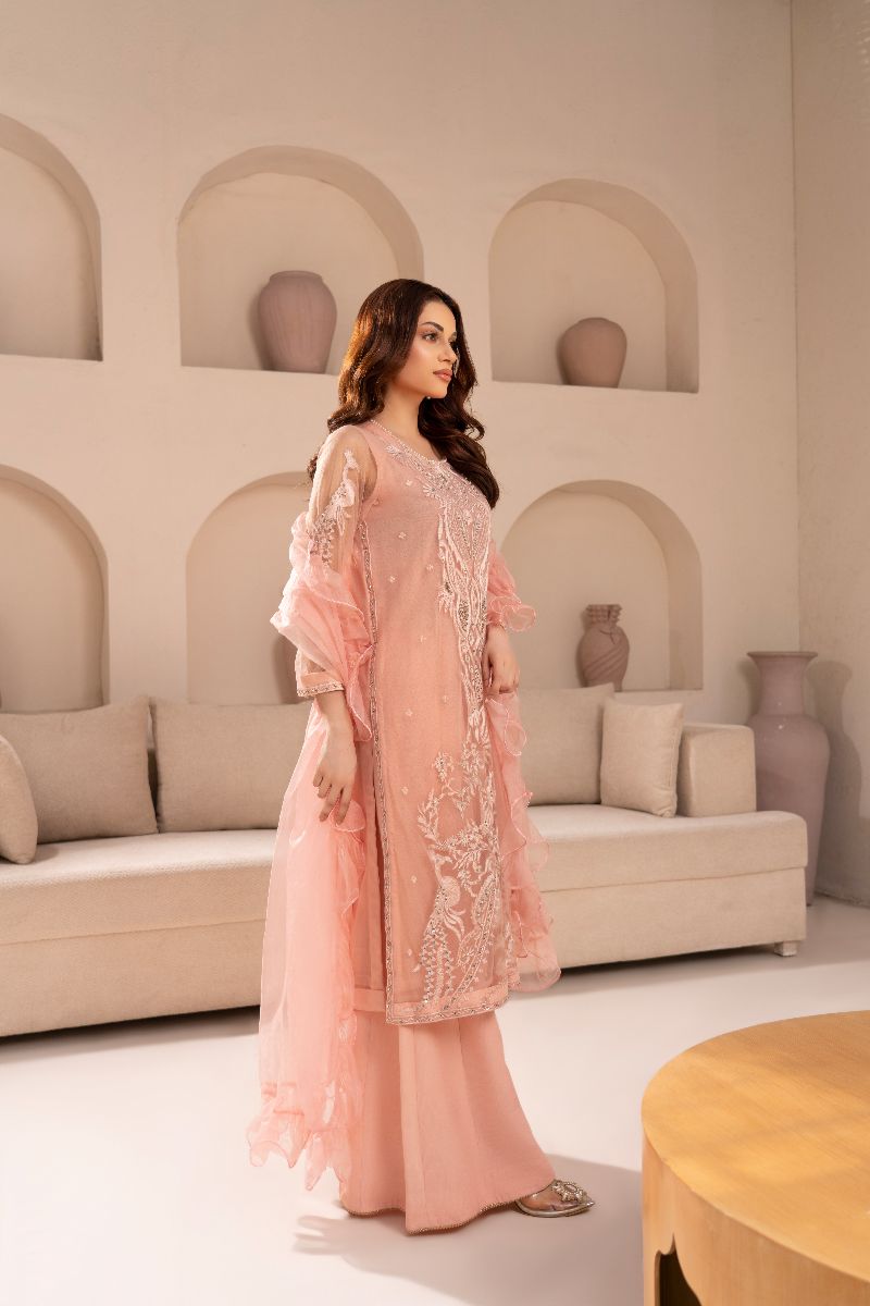 Anayra Amal - Net Panchi Embroidered Suit For Women - Powder Pink - 3 Piece
