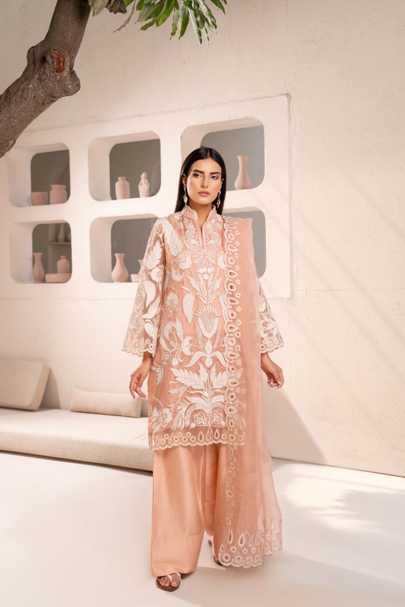 Anayra Amal - Organza Afsaneh Embroidered Suit For Women - Powder Peach - 3 Piece
