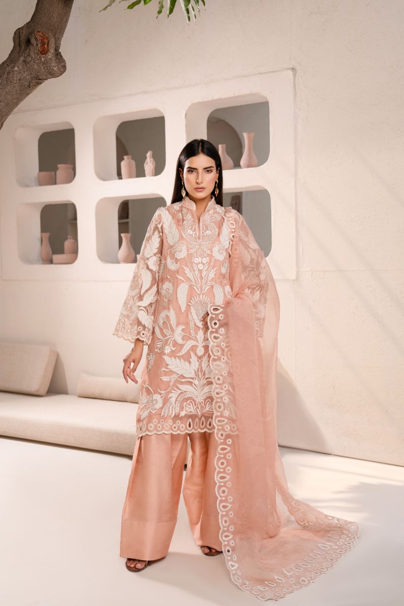 Anayra Amal - Organza Afsaneh Embroidered Suit For Women - Powder Peach - 3 Piece