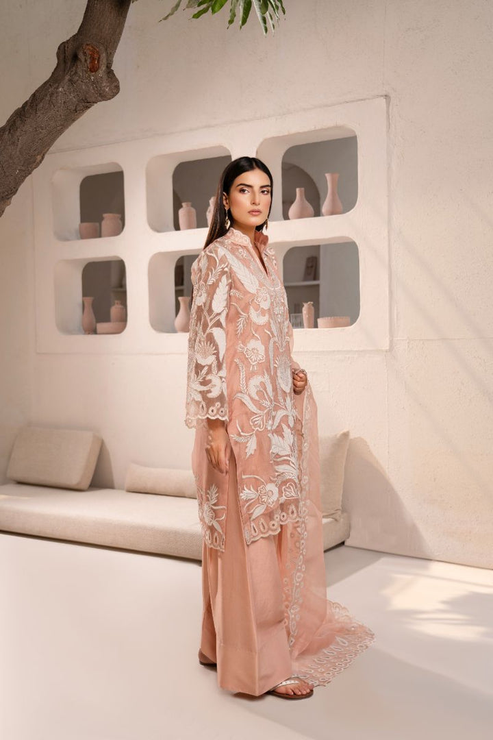 Anayra Amal - Organza Afsaneh Embroidered Suit For Women - Powder Peach - 3 Piece