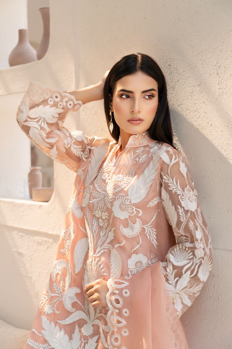 Anayra Amal - Organza Afsaneh Embroidered Suit For Women - Powder Peach - 3 Piece