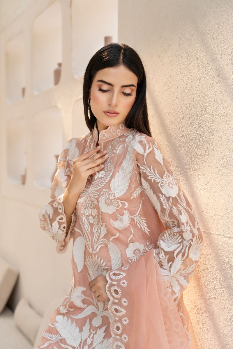 Anayra Amal - Organza Afsaneh Embroidered Suit For Women - Powder Peach - 3 Piece