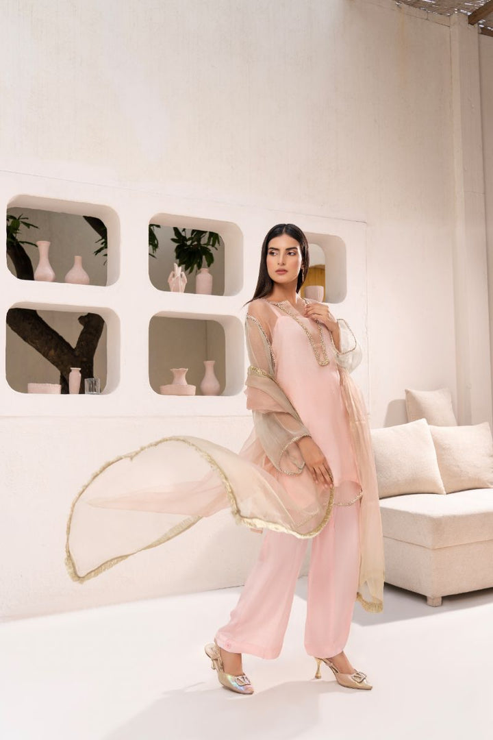 Anayra Amal - Organza Suffuse Lace Work Suit For Women - Baby Pink - 3 Piece
