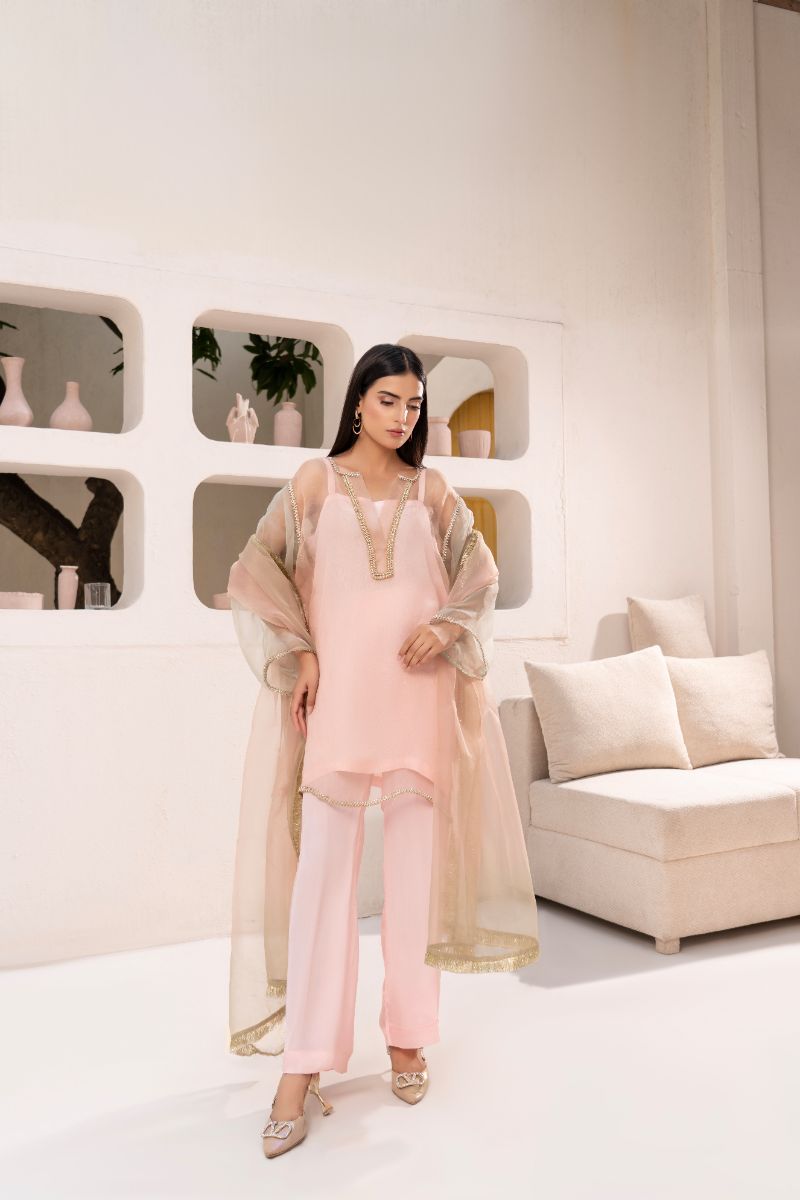 Anayra Amal - Organza Suffuse Lace Work Suit For Women - Baby Pink - 3 Piece