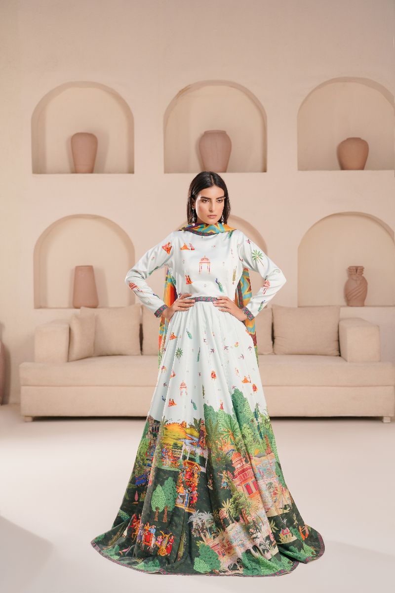 Anayra Amal - Poly Raw Silk Canvas Printed Suit For Women - Green - 3 Piece