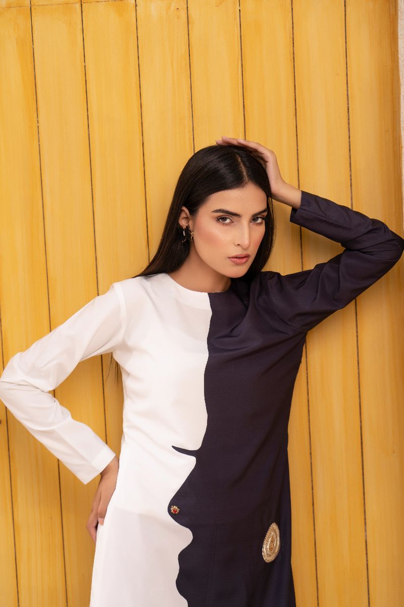 Anayra Amal - Poly Raw Silk Nia Mia Embroidered Shirt For Women - Black & White - 1 Piece