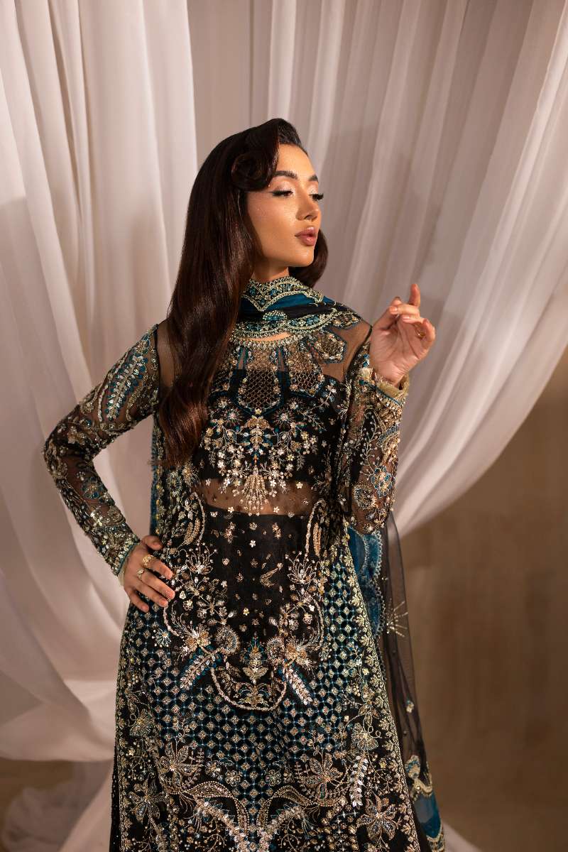 Anayra Amal - Siyah Embroidered + Hand Embellishment Net Suit For Women - Black - 3 Piece