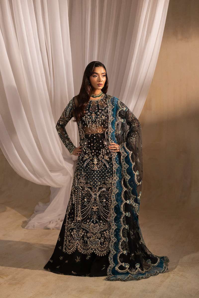 Anayra Amal - Siyah Embroidered + Hand Embellishment Net Suit For Women - Black - 3 Piece