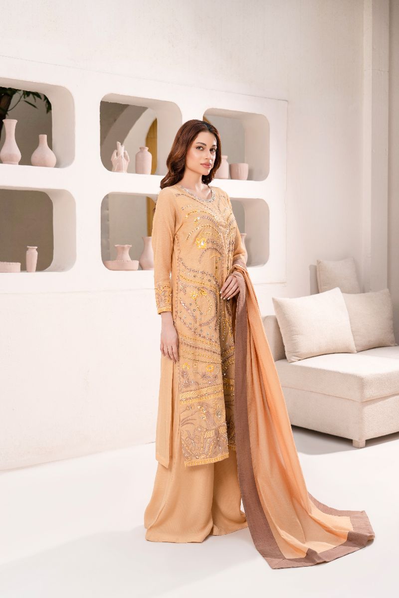 Anayra Amal - Soft Paper Silk Malhaar Embroidered Suit For Women - Gold Mustard - 3 Piece