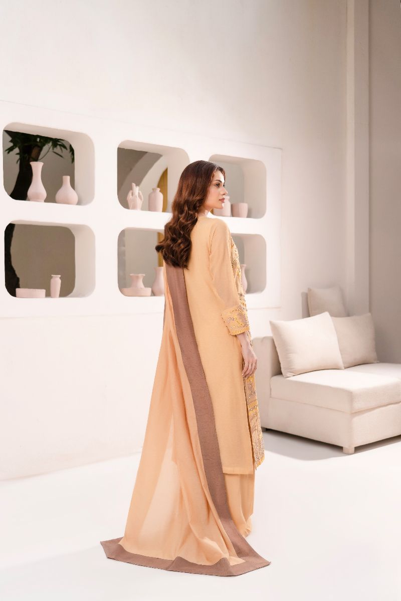 Anayra Amal - Soft Paper Silk Malhaar Embroidered Suit For Women - Gold Mustard - 3 Piece