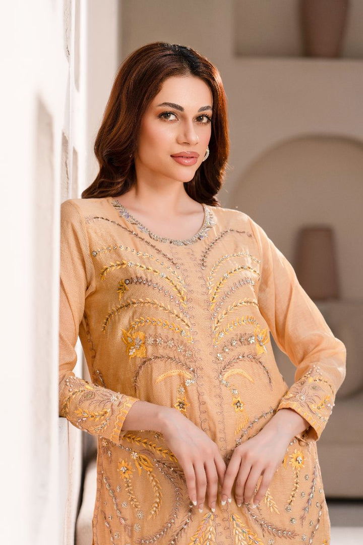 Anayra Amal - Soft Paper Silk Malhaar Embroidered Suit For Women - Gold Mustard - 3 Piece