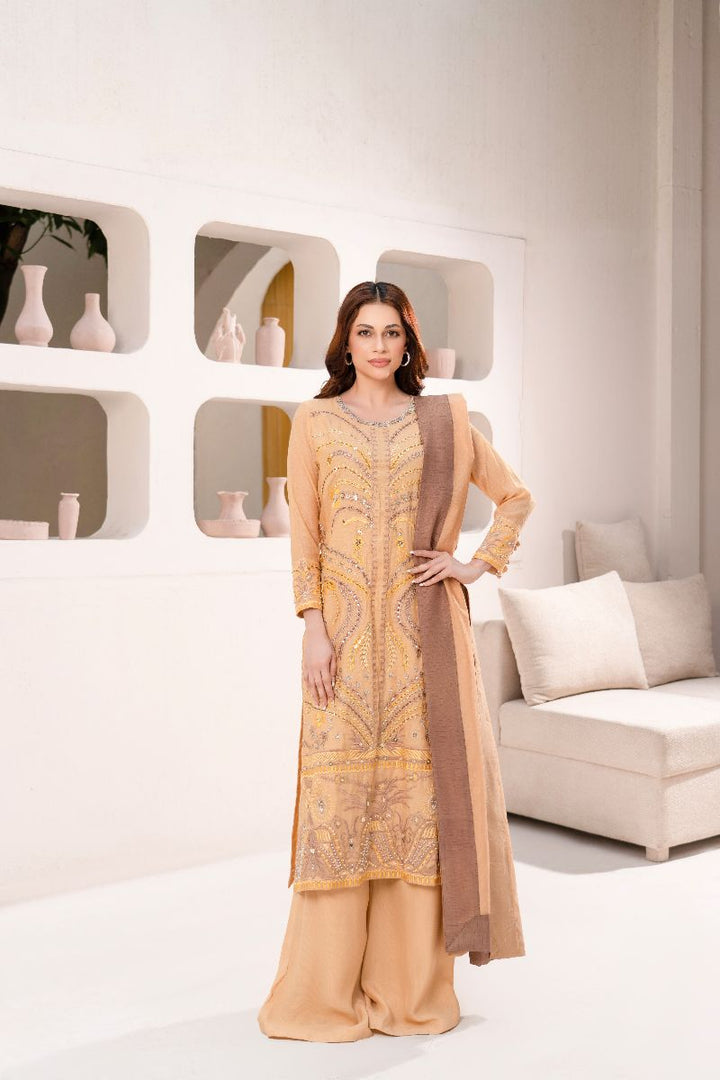 Anayra Amal - Soft Paper Silk Malhaar Embroidered Suit For Women - Gold Mustard - 3 Piece