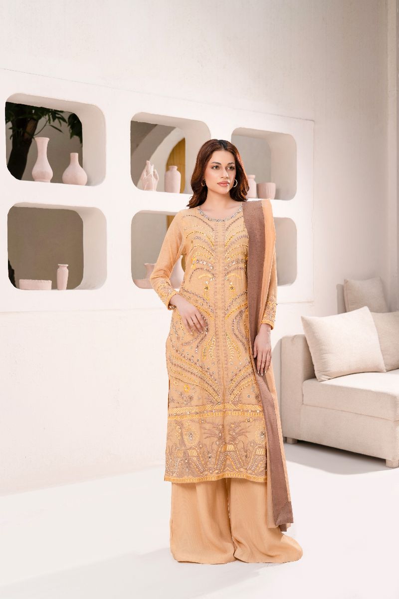Anayra Amal - Soft Paper Silk Malhaar Embroidered Suit For Women - Gold Mustard - 3 Piece