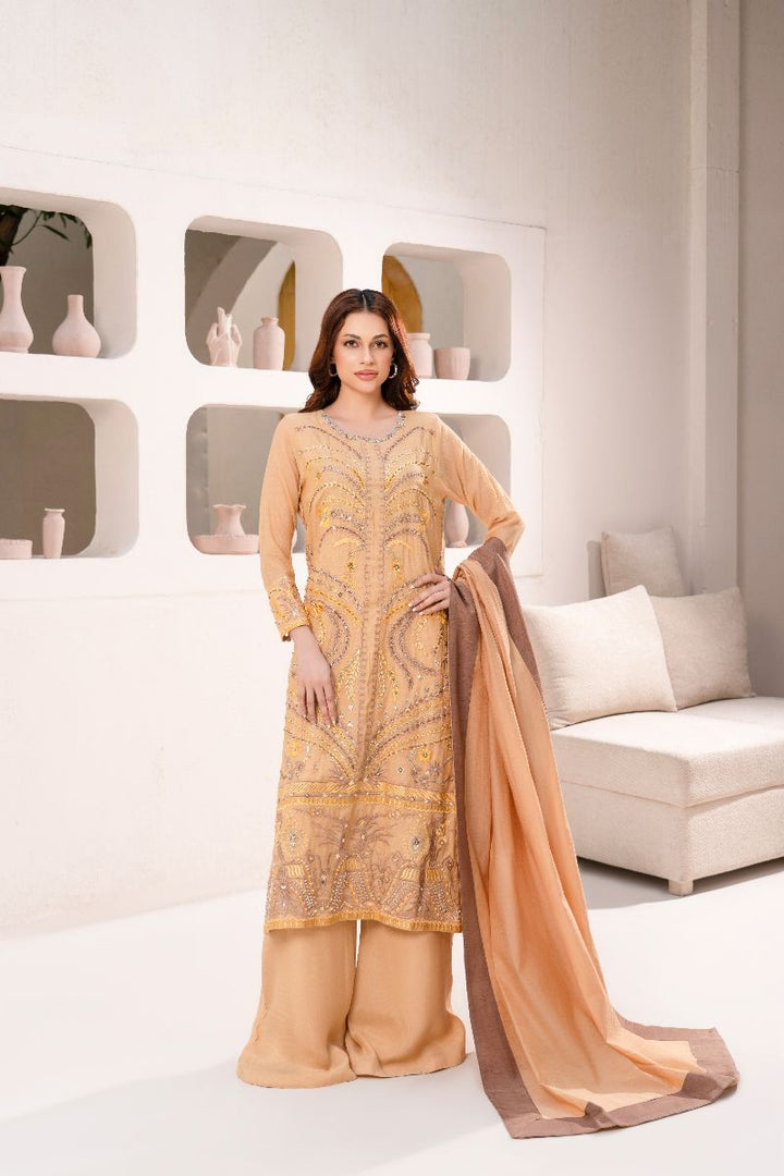 Anayra Amal - Soft Paper Silk Malhaar Embroidered Suit For Women - Gold Mustard - 3 Piece
