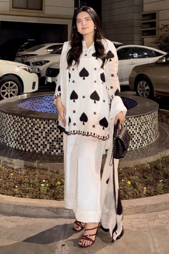 Anayra Amal - Tacos Silk Spades Queen Embroidered Suit For Women - White - 3 Piece