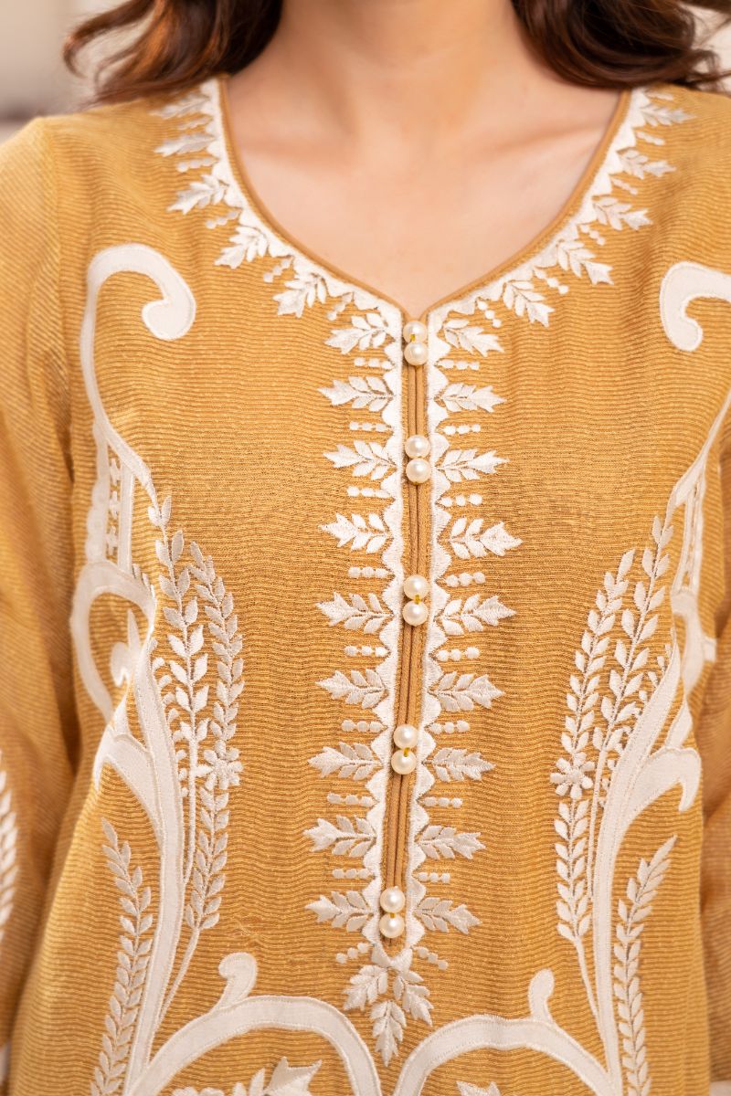 Anayra Amal - Textured Organza Elan Embroidered Suit For Women - Mustard - 3 Piece
