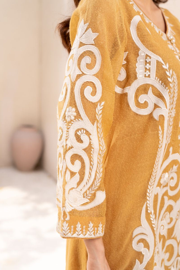 Anayra Amal - Textured Organza Elan Embroidered Suit For Women - Mustard - 3 Piece