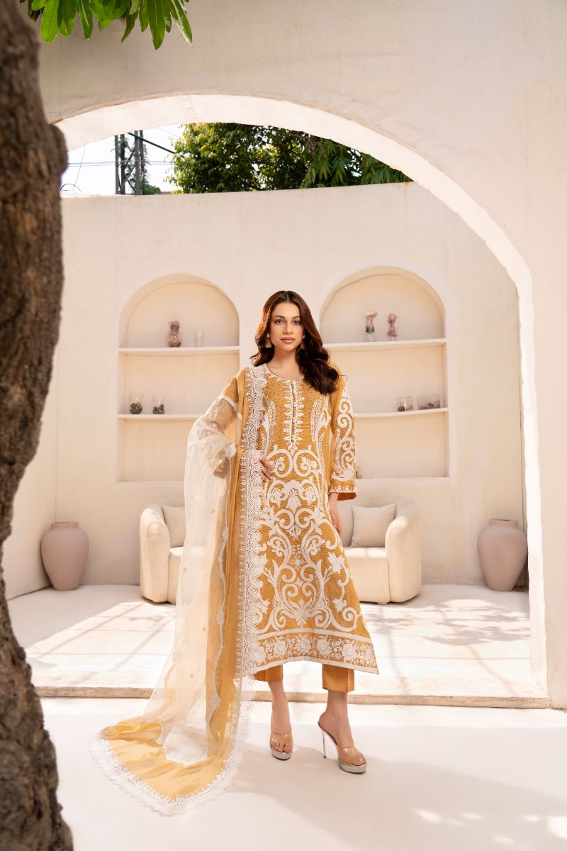 Anayra Amal - Textured Organza Elan Embroidered Suit For Women - Mustard - 3 Piece