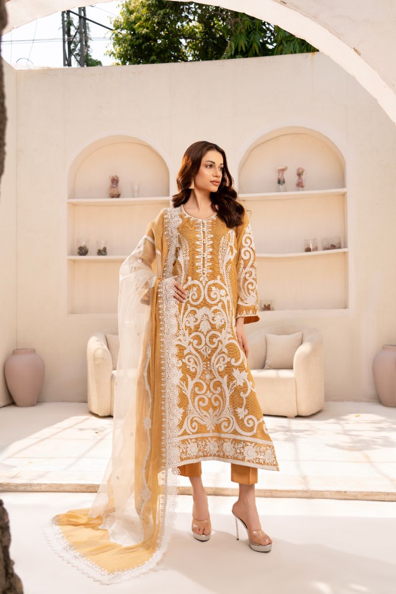 Anayra Amal - Textured Organza Elan Embroidered Suit For Women - Mustard - 3 Piece