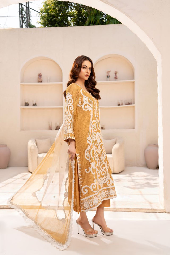 Anayra Amal - Textured Organza Elan Embroidered Suit For Women - Mustard - 3 Piece
