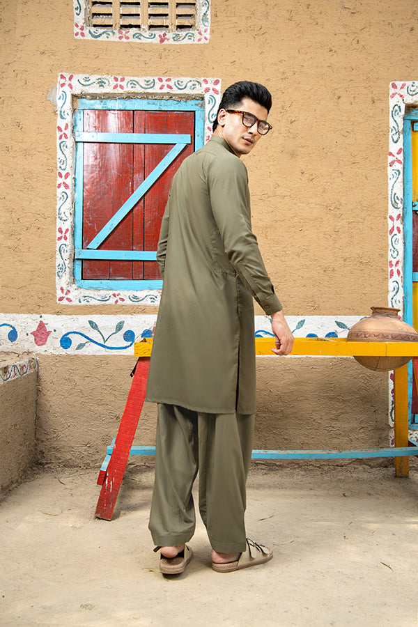 Arif Ashraf - Army Green Kurta Shalwar - 2 Piece