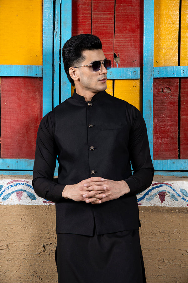 Arif Ashraf - Boski Black Kurta Trouser with Waistcoat - 3 Piece