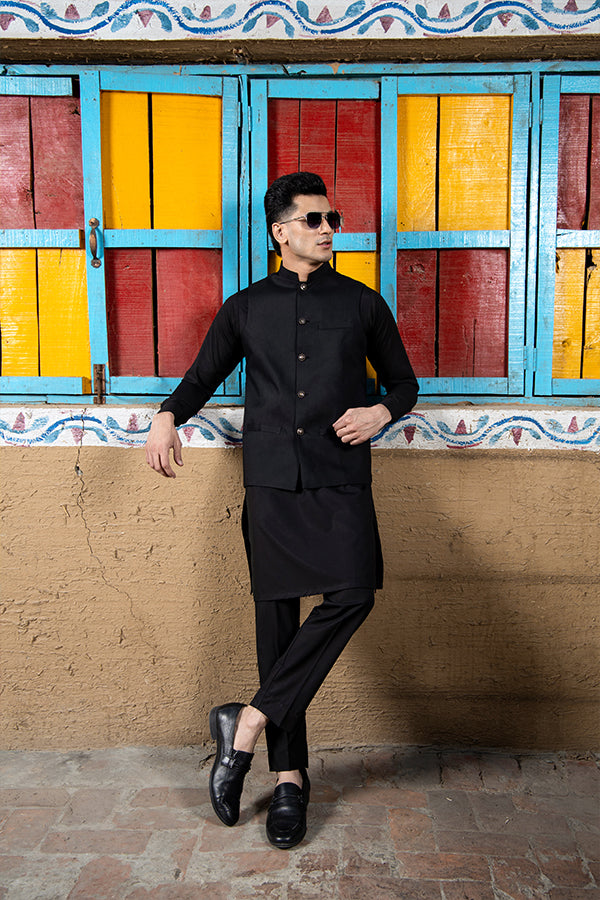 Arif Ashraf - Boski Black Kurta Trouser with Waistcoat - 3 Piece