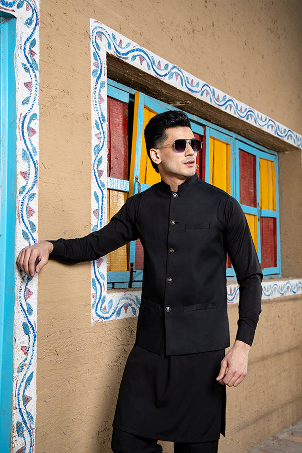 Arif Ashraf - Boski Black Kurta Trouser with Waistcoat - 3 Piece