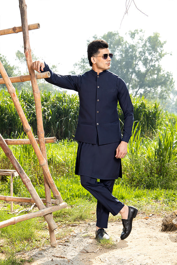 Arif Ashraf - Boski Navy Blue Kurta Trouser with Waistcoat - 3 Piece