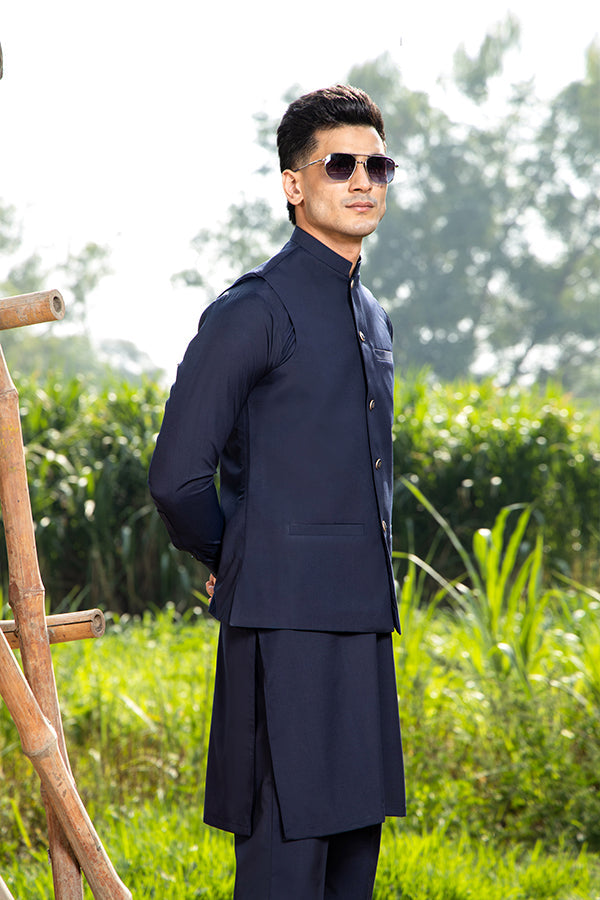 Arif Ashraf - Boski Navy Blue Kurta Trouser with Waistcoat - 3 Piece