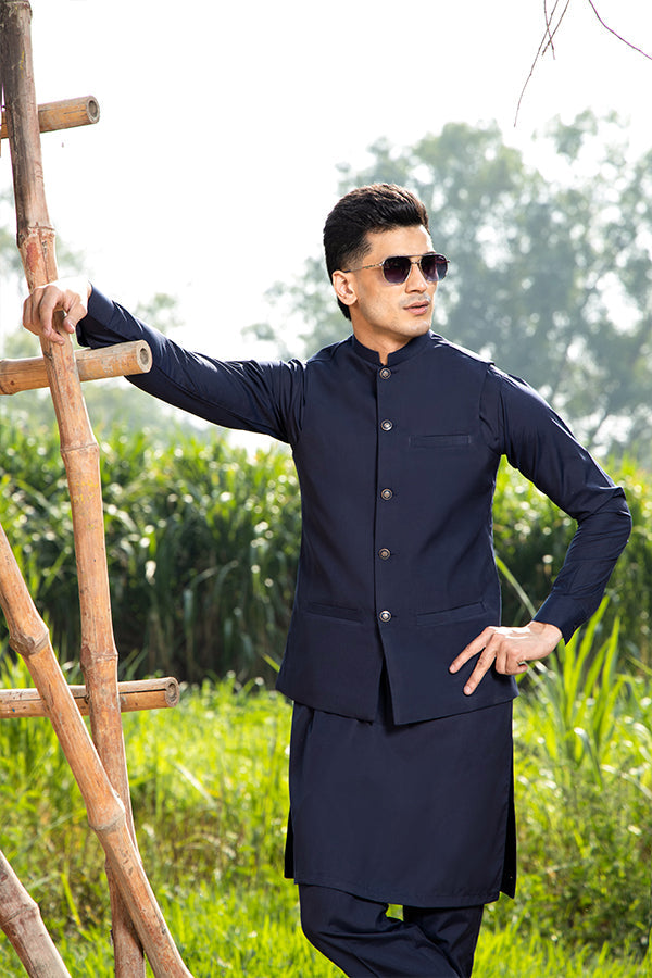 Arif Ashraf - Boski Navy Blue Kurta Trouser with Waistcoat - 3 Piece