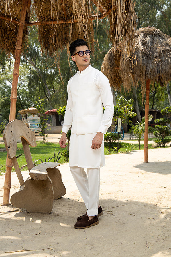 Arif Ashraf - Boski Off White Kurta Trouser with Waistcoat - 3 Piece