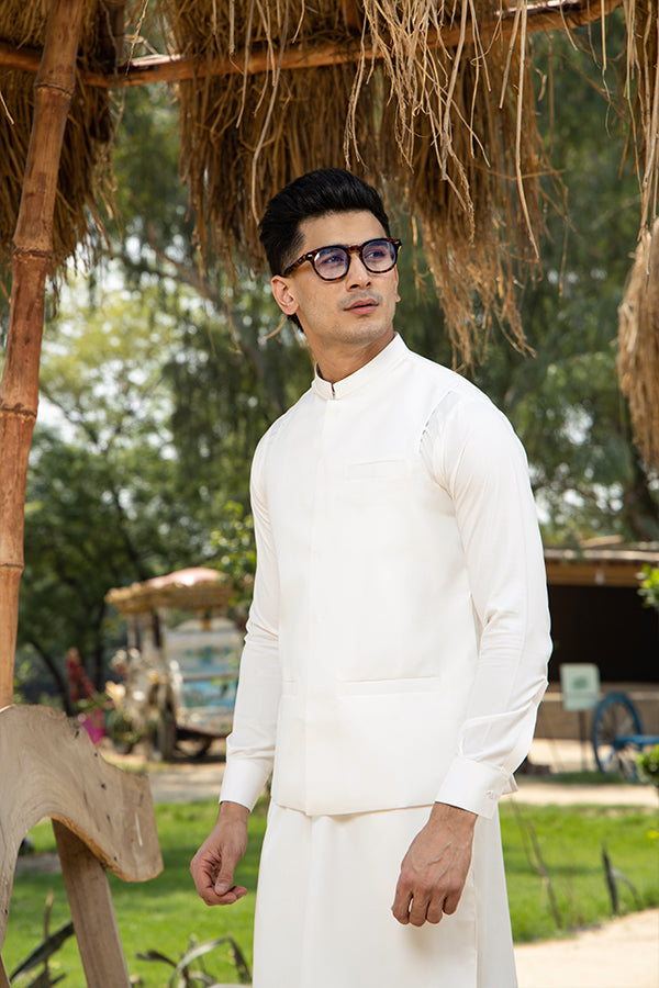 Arif Ashraf - Boski Off White Kurta Trouser with Waistcoat - 3 Piece