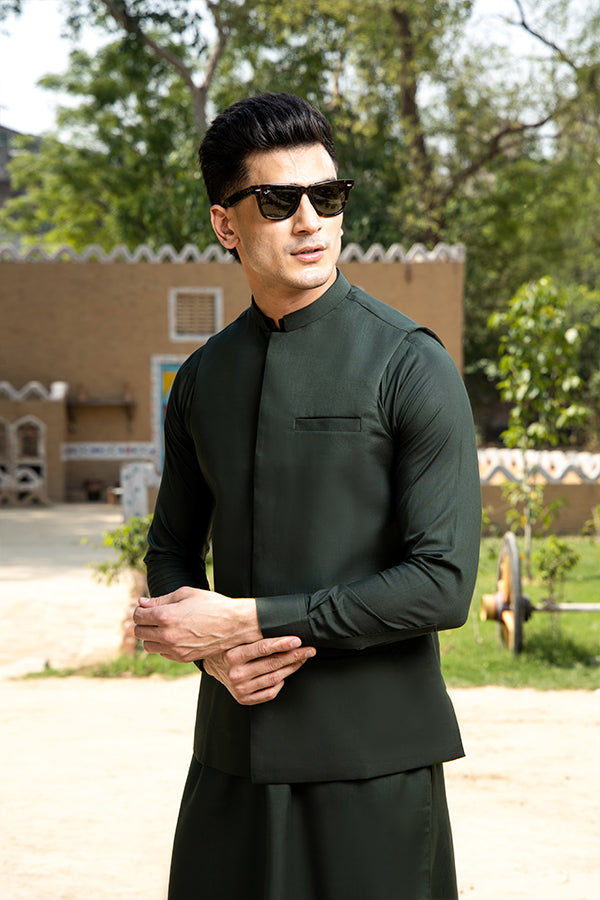 Arif Ashraf - Bottle Green Kurta Trouser with Waistcoat - 3 Piece
