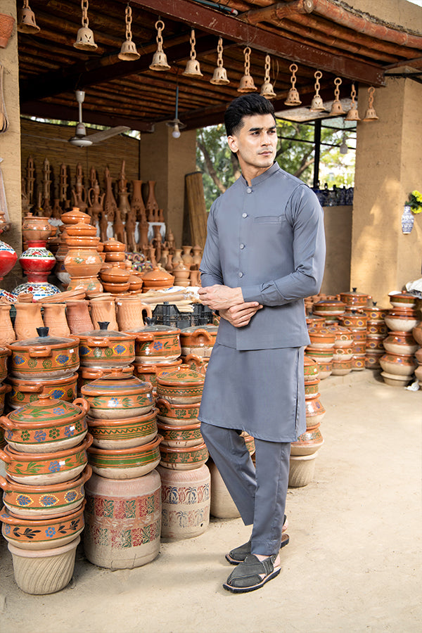 Arif Ashraf - Grey Kurta Trouser with Waistcoat - 3 Piece