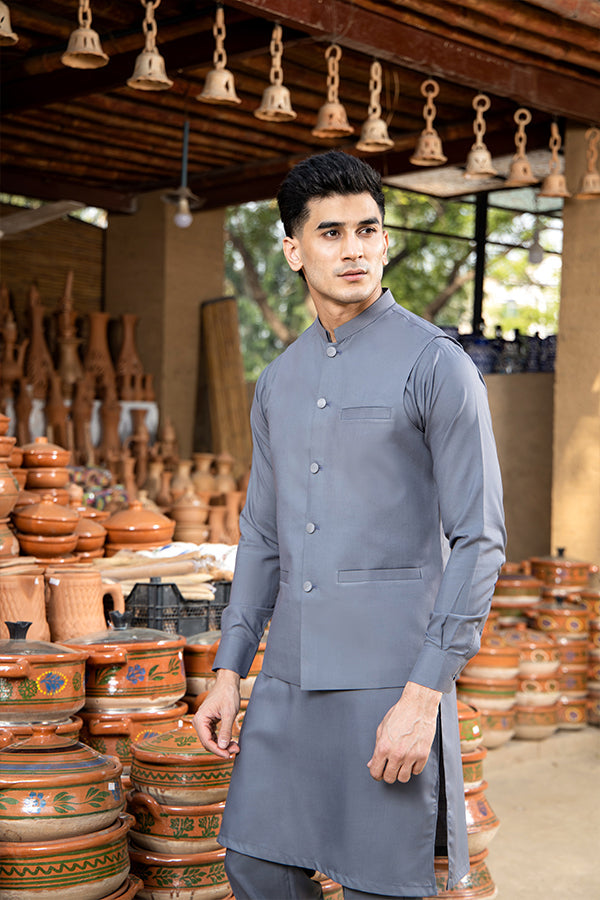 Arif Ashraf - Grey Kurta Trouser with Waistcoat - 3 Piece
