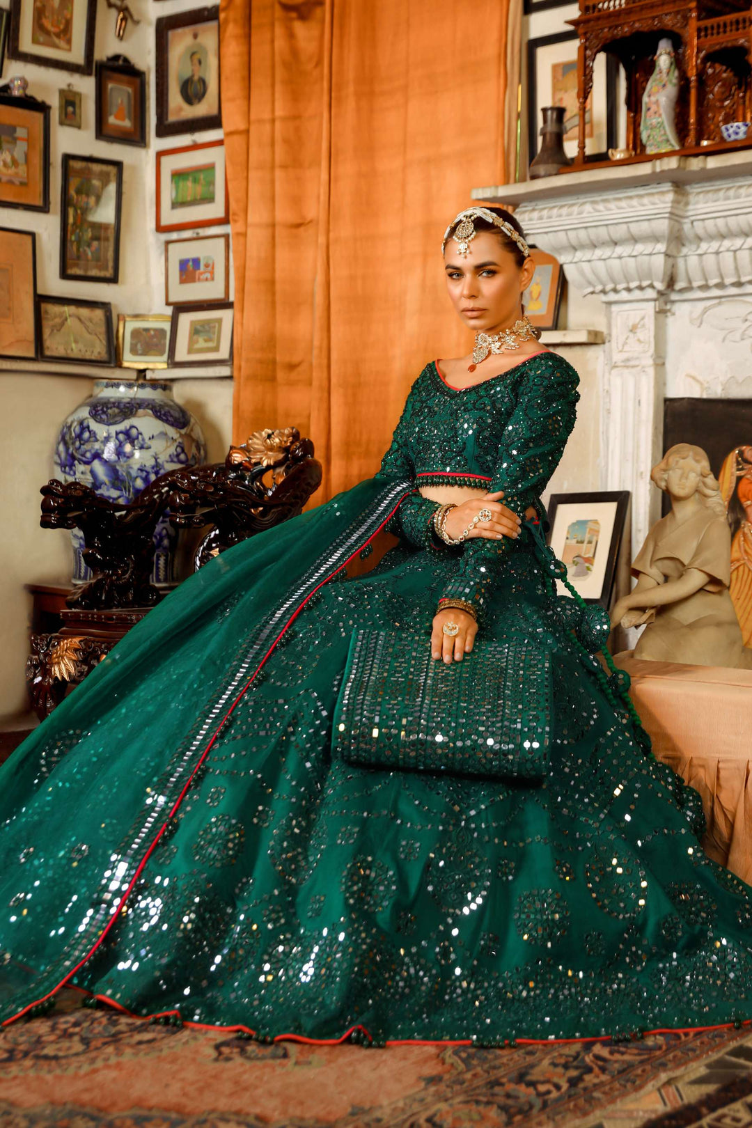 Arif Ashraf - Hara Rang - Lehnga - Bottle Green - Raw Silk & Organza - 3 Piece
